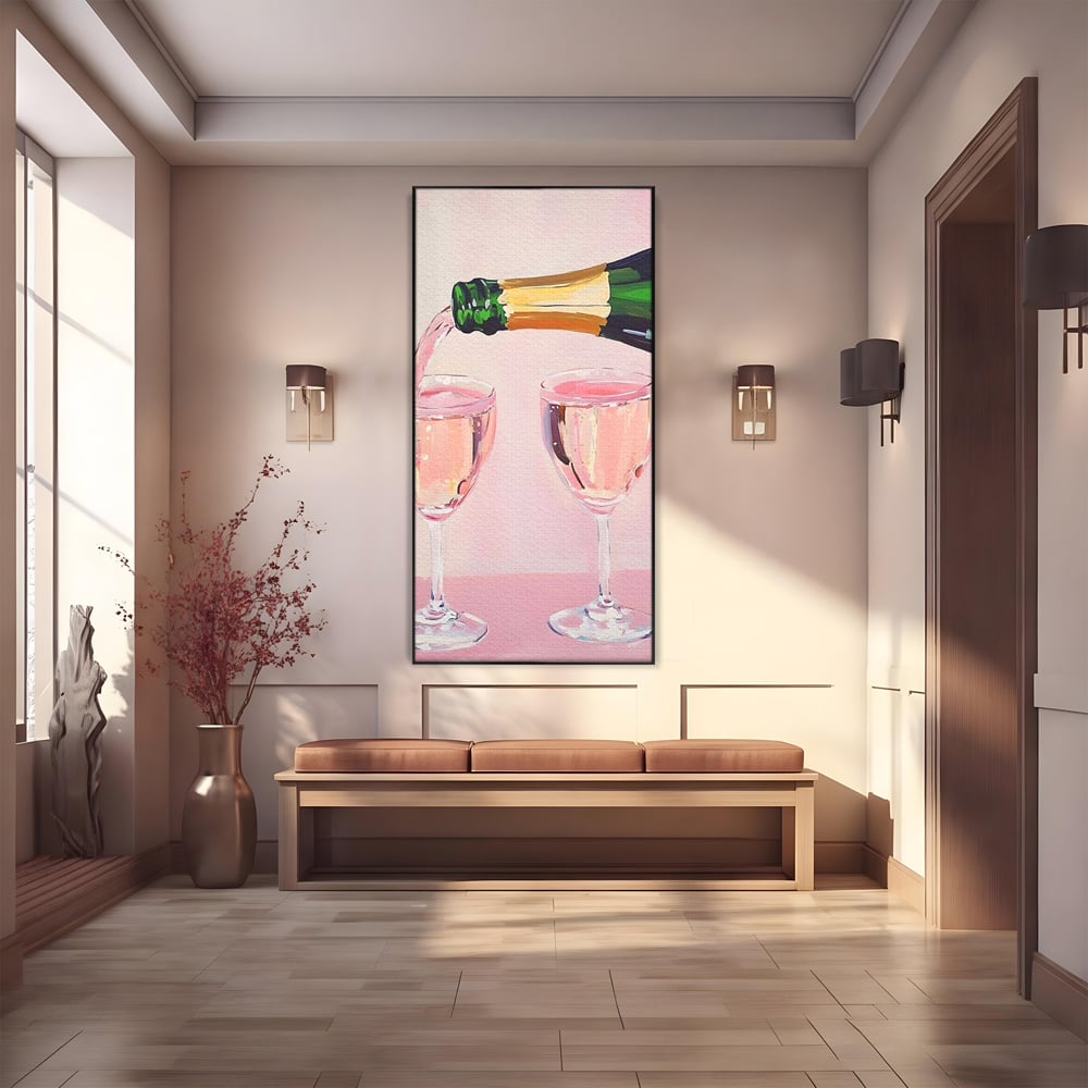Tablou canvas cu pictura cu sticla si pahare de sampanie roz, in rama de aluminiu negru